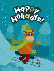 Funny bull sledding from a snowy mountain. Christmas and New year banner for your design. Vector Christmas card.