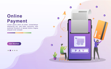 Online payment concept vector illustration. mobile payment or money transfer concept. E-commerce market shopping online illustration with tiny people character. Template for landing page, banner, ui.