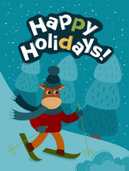 Funny bull is skiing. Christmas and New year banner for your design. Vector Christmas card. Bull symbol of the new year 2021