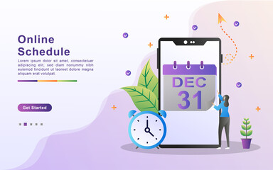 Modern flat design concept of Online Schedule. Online Scheduling Service, time management, Planning schedule concept with characters. Template for landing page, banner, ui, social media, print media.