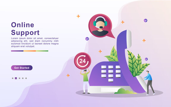Illustration concept of online support, customer support, female hotline operator advises client, online global technical support 24/7, customers and operator, solving problem.
