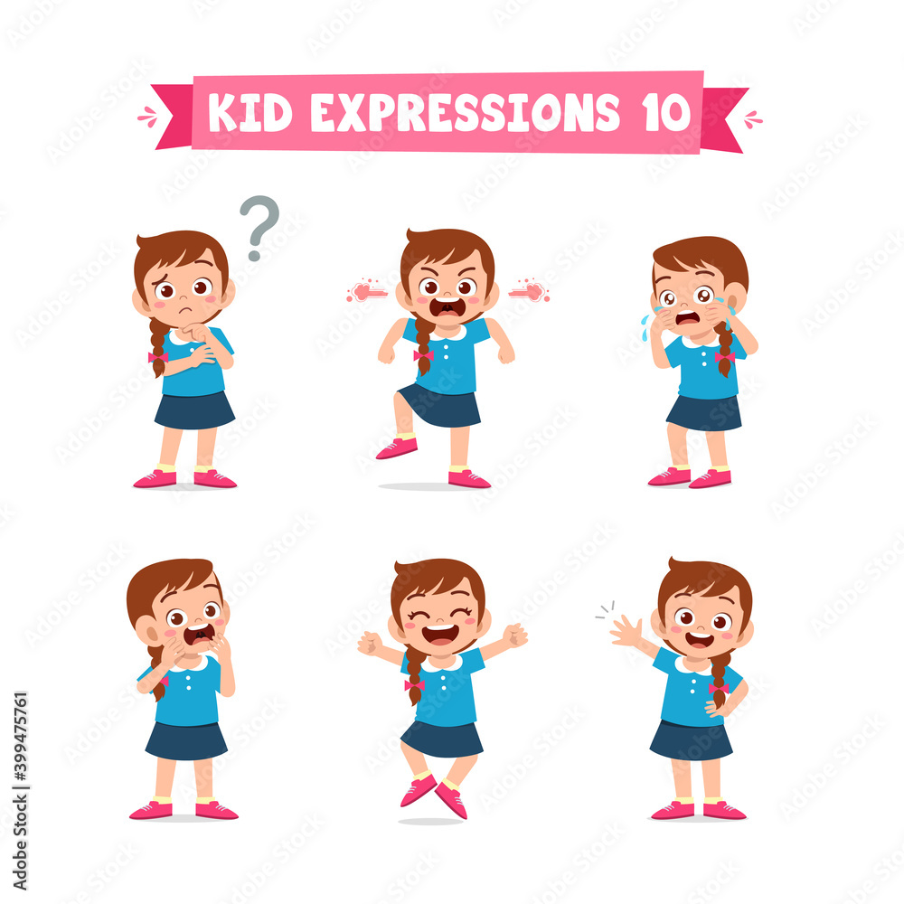 Wall mural cute little kid girl in various expressions and gesture set