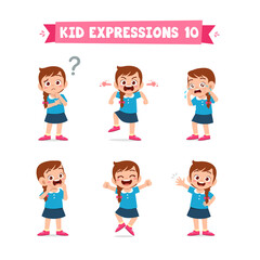 cute little kid girl in various expressions and gesture set