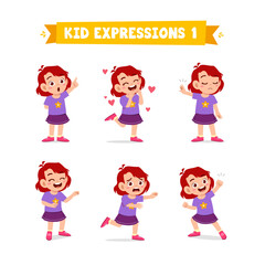 cute little kid girl in various expressions and gesture set