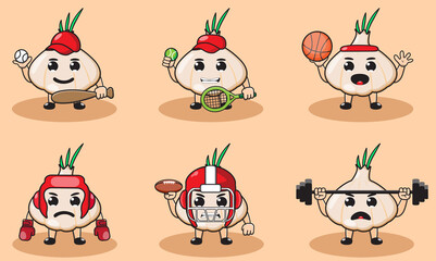 Illustration vector graphic cartoon character of cute Garlic doing sport set. Cute and funny fruit emotion set. Basket, boxing, tennis, baseball.