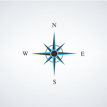 Compass wind rose, windrose icon. Navigational instrument showing direction with arrow on round face, eight principal winds, vintage device. Travel location and exploration. Vector illustration.