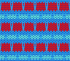 Imitation of a jacquard pattern with knitting needles. Seamless knitted geometric pattern of red and blue threads. Repeating background. Vector graphics.