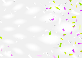 Horizontal light grey background with flying color confetti and place for text. Vector illustration.