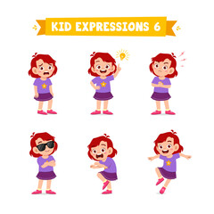 cute little kid girl in various expressions and gesture set