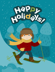 Naklejka premium Boy is skiing down a snowy mountain. New year banner for your design. Vector Christmas card. 