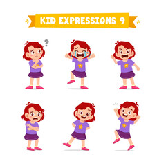 cute little kid girl in various expressions and gesture set