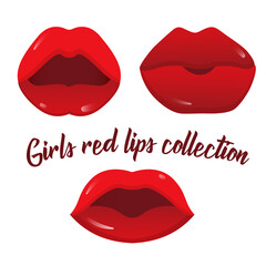 Vector sexy girls red lips set. Isolated on the white background elegant women mouths.
