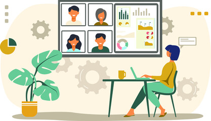 online meeting, collaboration, remote work, brainstorming, flat illustration. infographics, business
