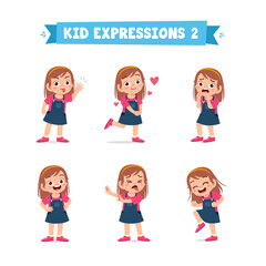 cute little kid girl in various expressions and gesture set