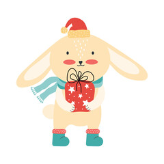 Cute yellow baby rabbit in Santa hat with Christmas gifts. Christmas funny cartoon animal isolated on a white background. Hare having fun on winter holidays. Happy new year. Vector flat illustration.
