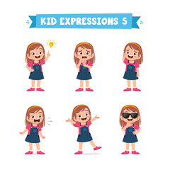 cute little kid girl in various expressions and gesture set