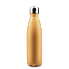 Close-up of reusable steel thermo water bottle isolated on white background. Fortuna Gold of color,...