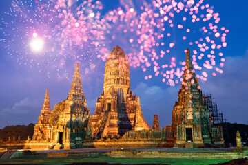 Fototapeta premium Fireworks at Wat Chai Watthanaram Buddhist temple inThailand