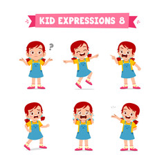 cute little kid girl in various expressions and gesture set