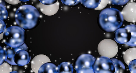 New year background for greetings. Shiny blue and white balloons on a black background with glitter and space for text. 3D rendering.