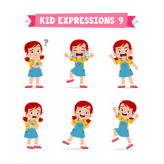 cute little kid girl in various expressions and gesture set