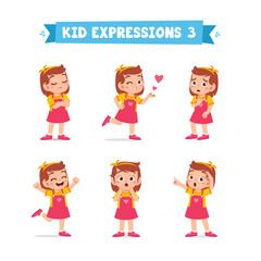 cute little kid girl in various expressions and gesture set