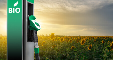 Biofuel filling station on a background of sunflower field  - obrazy, fototapety, plakaty