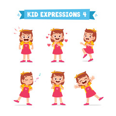 cute little kid girl in various expressions and gesture set