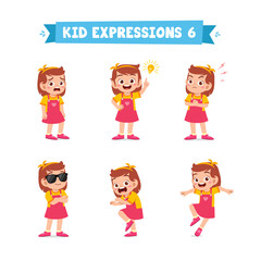 cute little kid girl in various expressions and gesture set
