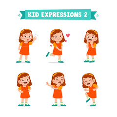 cute little kid girl in various expressions and gesture set