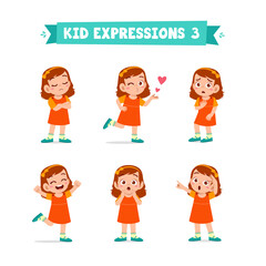 cute little kid girl in various expressions and gesture set