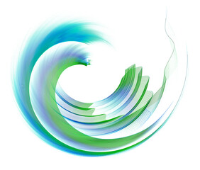 Fototapeta na wymiar Blue rounded and wavy planes, with green stripes along the edge, in each other, fly on a white background. Graphic design element. 3d rendering. 3d illustration. Logo, icon, sign, symbol.