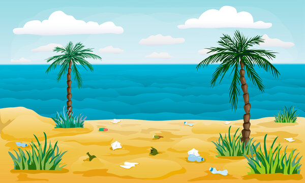 polluted beach with garbage around. tropical sea, sandy shore with palms and trash. cartoon style illustration of nature pollution. seaside at sunset, waves, clouds, coconut trees. landscape.