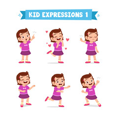 cute little kid girl in various expressions and gesture set