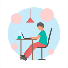 People work at home office vector flat illustration. Freelancer character working from home workplace. Young freelancer working on laptops.