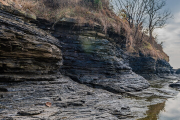 Ocean cliff of stratified geological rocks