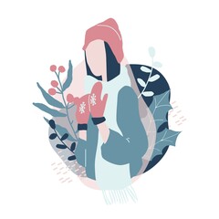 Cute cartoon illustration of beautiful teenage girl in winter fashion clothes. Faceless characters in warm winter clothes.