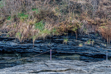 Stratified geological rocks and pool of water