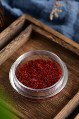 Close-up pictures of traditional Chinese medicine saffron on the background of retro Chinese style