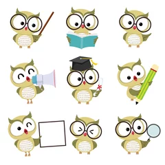 Fotobehang Vector illustratie set happy cartoon uil mascotte tekens in verschillende poses in onderwijs concept. © kankhem