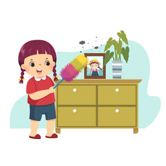 Obraz na płótnie Canvas Vector illustration cartoon of a little girl dusting the cabinet. Kids doing housework chores at home concept.