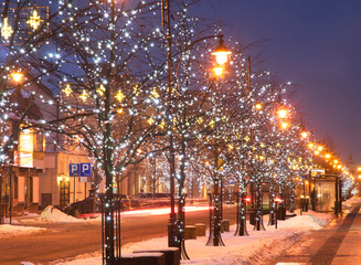 Holiday decorations of Lipowa street in Bialystok. Poland