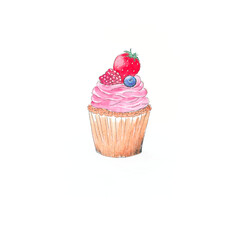 Watercolor illustration of cupcake with strawberries, blueberries and raspberries on pink cream