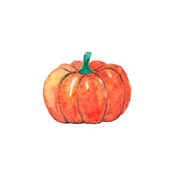 Watercolor illustration of big orange pumpkin on white background.