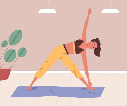 Young woman training or practising yoga at home. Female character stretching indoors. Yogini doing parivritta trikonasana asana on mat. Vector illustration in flat cartoon style
