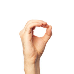 Man showing letter O isolated on white background, closeup. Finger spelling alphabet in American...