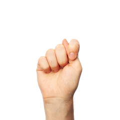 Man showing letter T isolated on white background, closeup. Finger spelling alphabet in American Sign Language. ASL concept