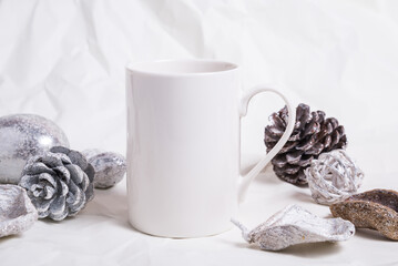White Porcelain coffee mug, cup on crumpled background
