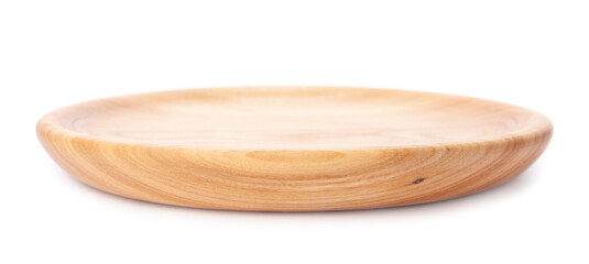 Empty wooden plate or round board isolated on white background. Rustic dish