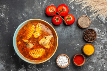 Chicken soup tomatoes and variety of spices on dark background